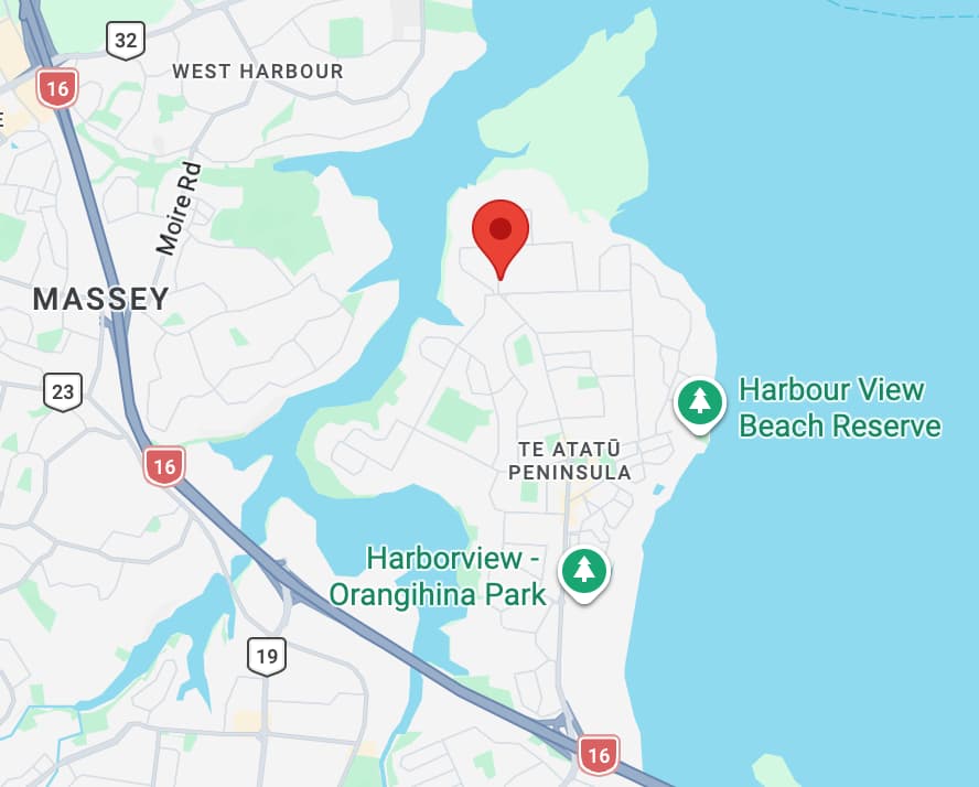 Street map of Te Atatū Peninsula with a pin on the Great Truck Repair workshop, just off the SH16 Northwestern motorway.